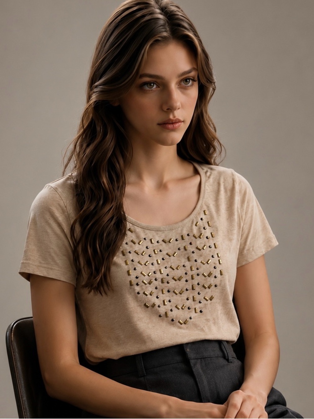 Faded Glory Women’s Beige Studded Short Sleeve Tee Shirt Casual Top Size L 12-14